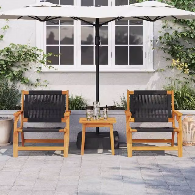 Berkfield Home Modern Garden Chairs, 2 Piece Set, Black and Brown Acacia Solid Wood, W/D/H: 67 x 77 x 73 cm