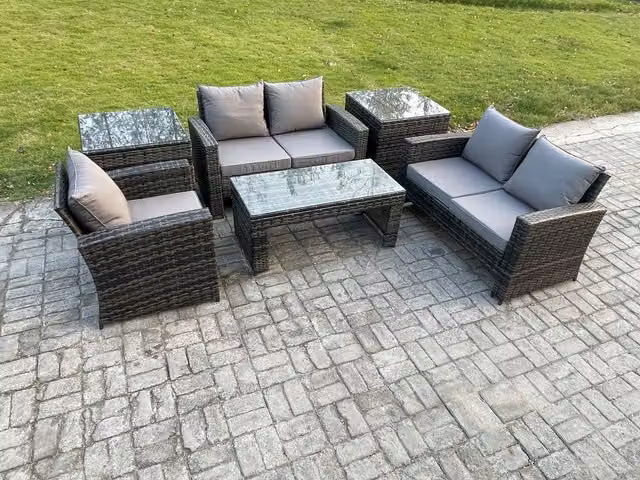 Fimous 6-Piece Rattan Outdoor Garden Furniture Sofa Set with Coffee Table and 2 Side Tables in Dark Grey