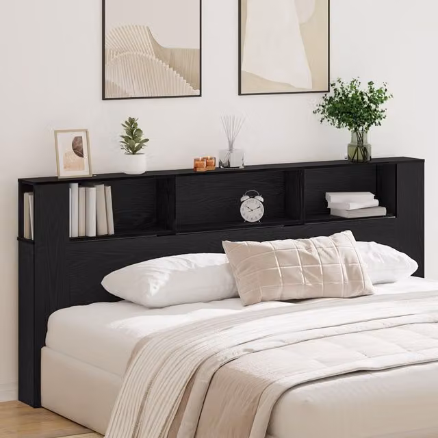 Berkfield Home Modern Black Oak Headboard Cabinet with Integrated Nightstands and Shelving, W: 104.5 cm, D: 18.5 cm, H: 220 cm – 1