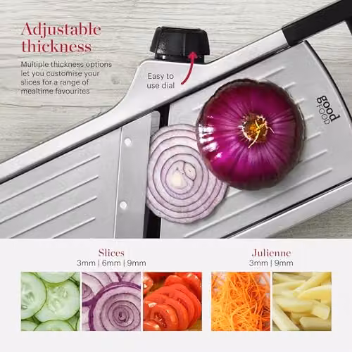 Tower Good Food in Partnership with Chef Mandoline Slicer with Adjustable Thickness, Multiple Blades and Non-Slip Base, Silver and Black – 3