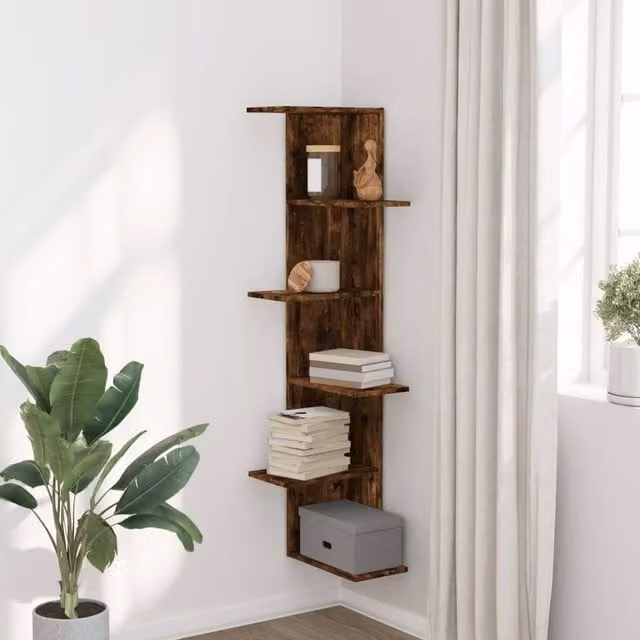 Berkfield Home Wall Mounted Corner Shelf in Smoked Oak Brown, W/D/H: 36.5 x 36.5 x 140 cm – 1