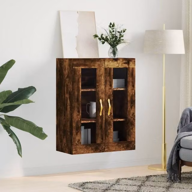 Berkfield Home Wall Mounted Smoked Oak Cabinet with Glass Doors in Brown, W/D/H: 69.5 x 34 x 90 cm