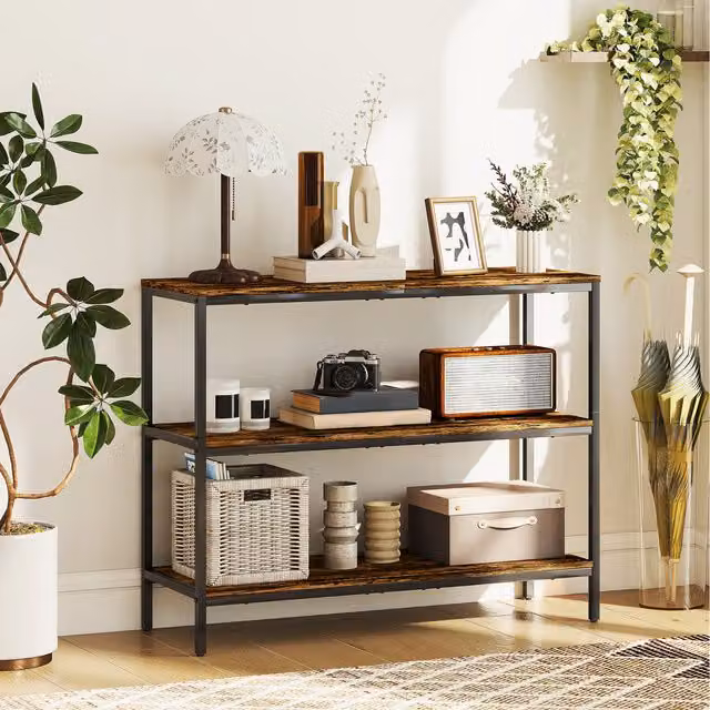 HOMCOM Industrial Console Table with Tier Storage Shelves in Rustic Brown and Black
