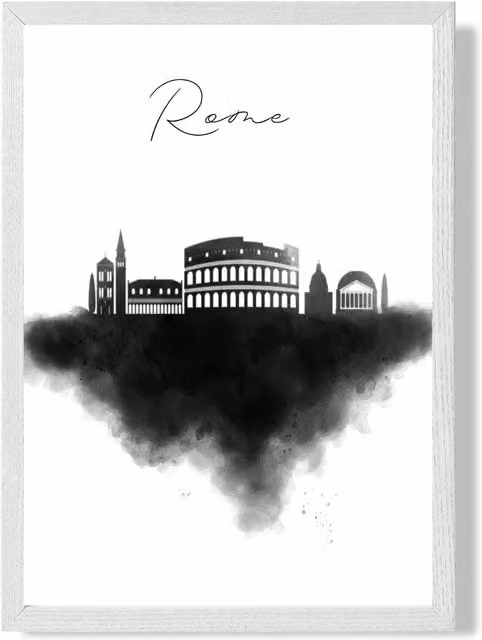ARTZE Rome Watercolour Skyline City Framed Print, Black and White Landscape Paper Poster – 1