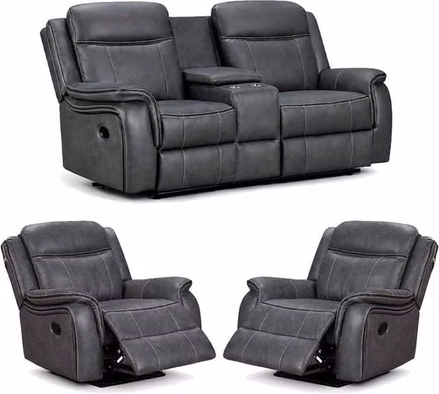Furnishings For Less UK Tara 3 Piece Reclining Sofa Suite in Grey Fabric and Leather Look