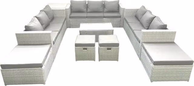 Fimous 9 Piece Rattan Garden Furniture Set with Sofa, Coffee Table, Side Table and 4 Footstools in Light Grey