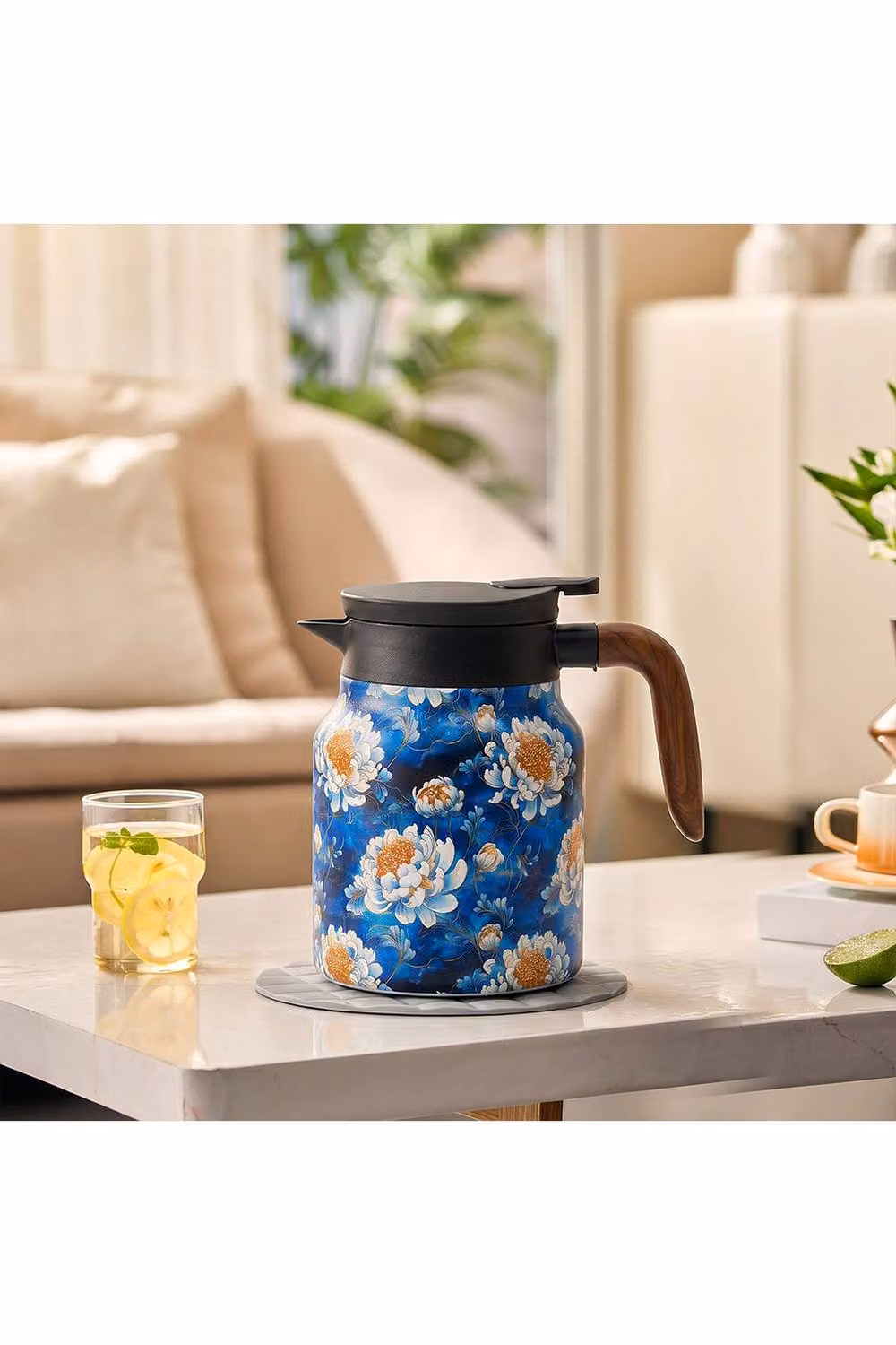 Living and Home Vintage Floral Pattern Thermal Carafe Teapot with Built-in Infuser in Mid Blue – 2