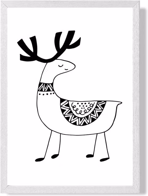 ARTZE Cute Reindeer Scandi Animal Framed Paper Poster in Black and White, A3