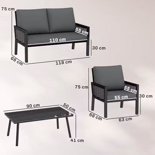 Outsunny 4 Seater Rattan Garden Furniture Set in Grey with Coffee Table, 2 Seater Sofa, and Lounge Armchairs – 5