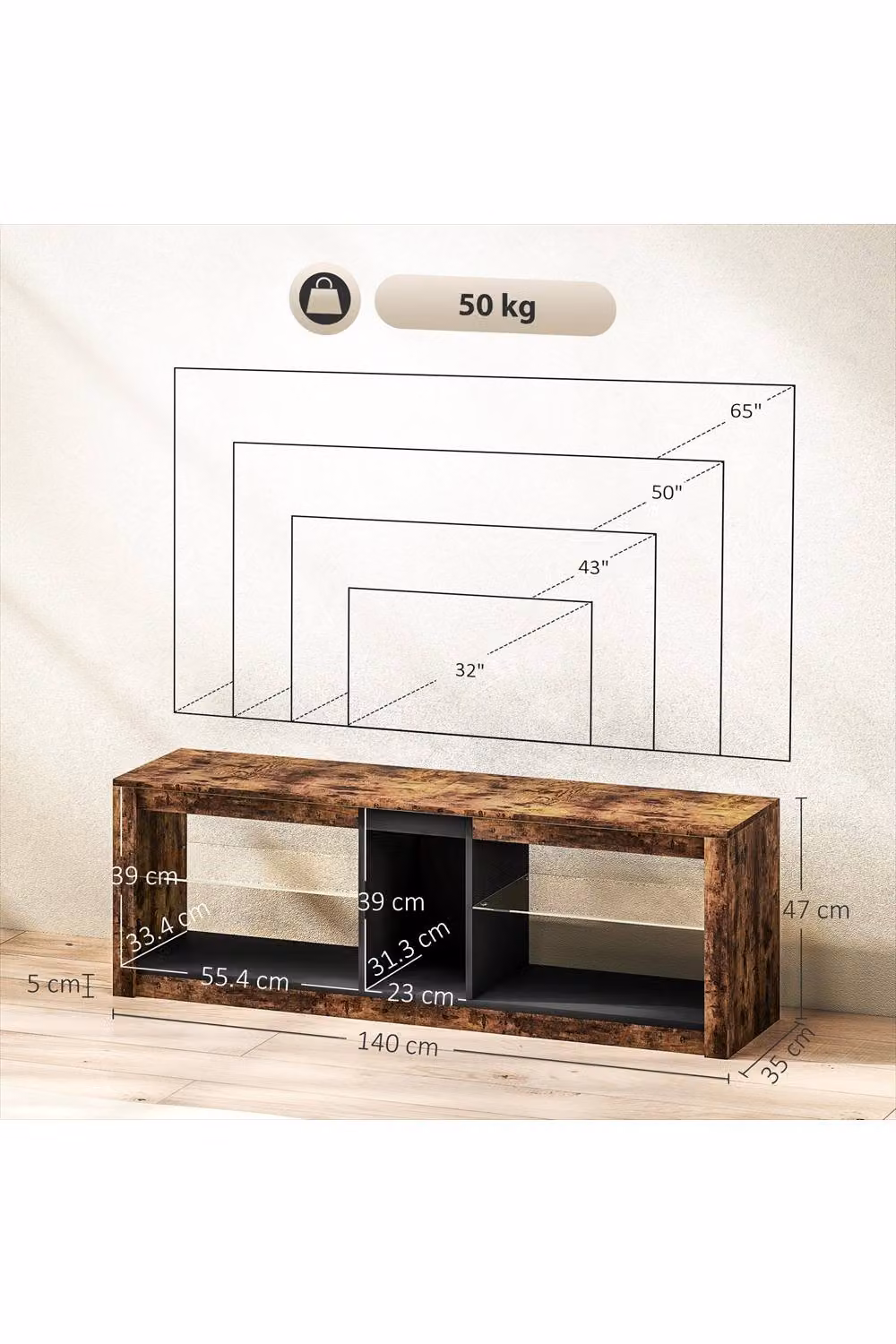 ERGOVEXA Rustic Brown TV Stand Cabinet with Integrated LED Lighting and Glass Details, W: 140 cm, D: 35 cm, H: 47 cm – 2