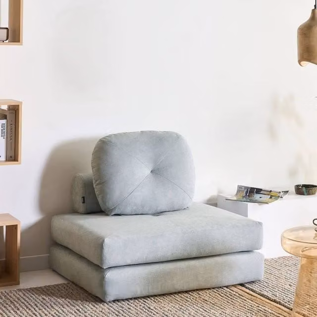 Wyld and Coco 1-Seater Convertible Sofa Bed in Blue Chenille with Metal Frame – 1