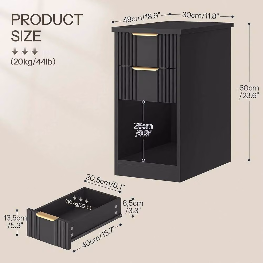 FORGEVIO Slim Narrow 2 Drawer Bedside Cabinet in Black and Gold, W: 48 cm, D: 30 cm, H: 60 cm – 2