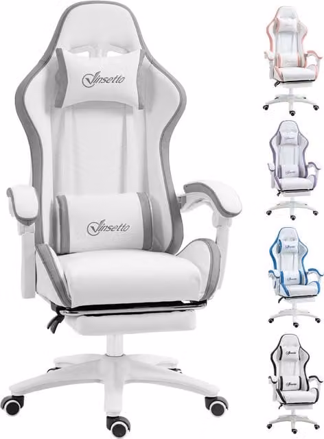 Vinsetto Racing Gaming Chair in White PU Leather with Footrest, Headrest and Lumbar Support, W/D/H: 65.0 x 45.5 x 120.0 cm