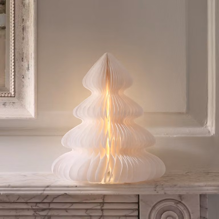 Lights4fun Cream and White Paper Christmas Tree Decoration with 20 Warm White LEDs, H 28 cm x W 24 cm x D 24 cm
