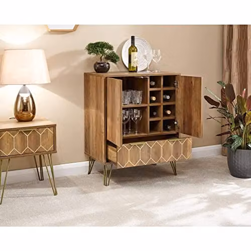 GFW Orleans Mango Effect Wine Cabinet with Glass Shelves and Metal Hairpin Legs in Brown and Black, W/D/H: 82 x 39 x 39 cm