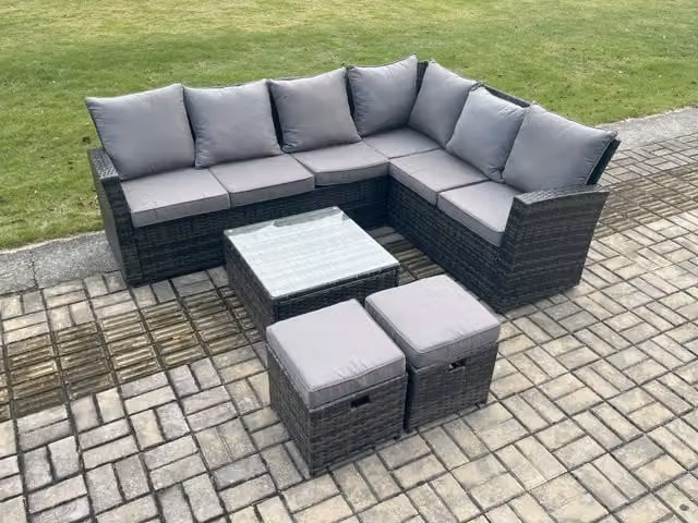 Fimous 8 Seater Rattan Garden Furniture Set with Corner Sofa, Square Coffee Table and 2 Footstools in Dark Grey