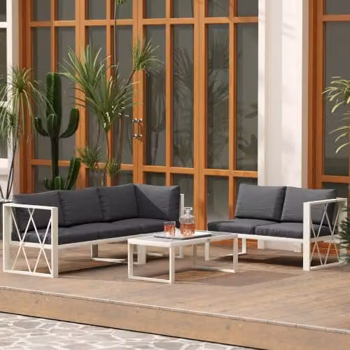 Outsunny 5 Seater L Shaped Garden Furniture Set in Grey with Upholstered Cushions and Coffee Table – 6