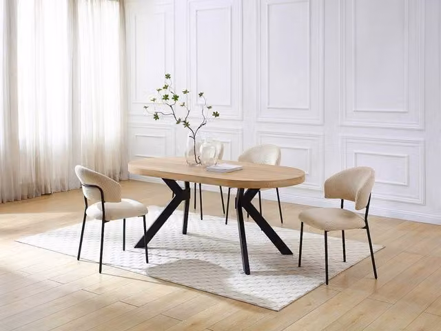 Vente-unique Extendable Round Dining Table for 6 People in Light Oak and Black MDF and Metal – 1
