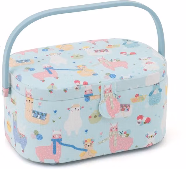 HobbyGift Oval Sewing Box in Teal with Knit Alpacas Pattern
