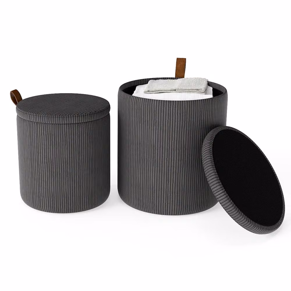 Costway Set of 2 Modern Round Upholstered Vanity Stools with Removable Lids in Grey – 3