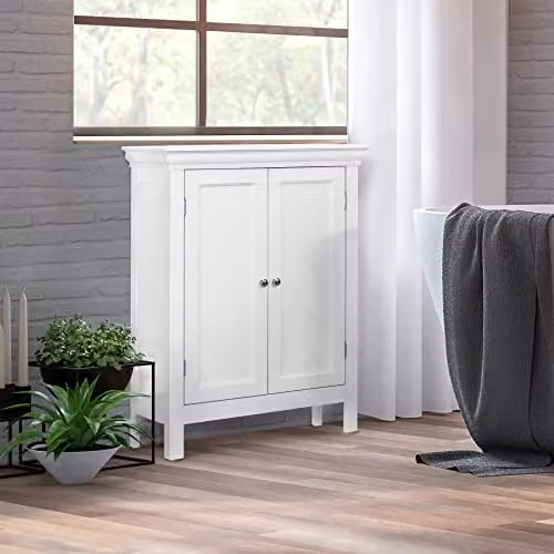 Teamson Home Stratford White Wooden Bathroom Floor Cabinet with 2 Internal Shelves, H 86.4 cm x W 60.96 cm x D 25.4 cm – 2