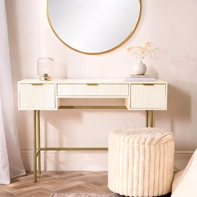 OHS Modern Ribbed Dressing Table Vanity Makeup Desk with 3 Drawers in White and Beige, W/D/H: 110 x 75 x 35 cm