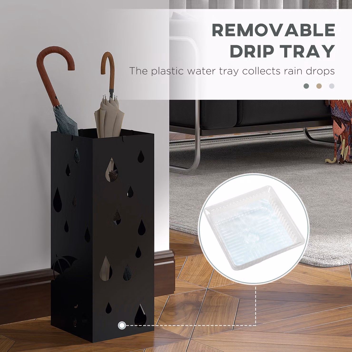 HOMCOM Freestanding Square Metal Umbrella Stand with 4 Hooks and Removable Drip Tray, Dark Grey – 5
