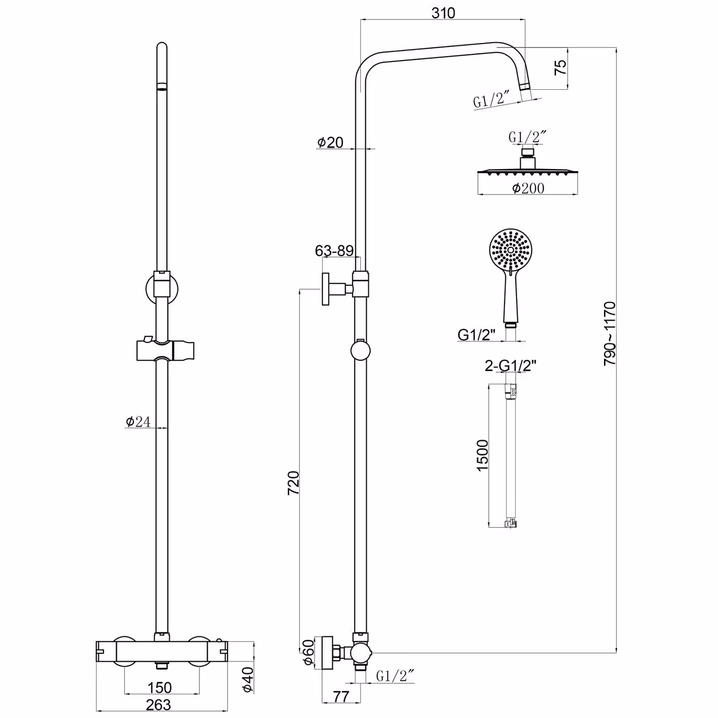 Nes Home Black Regent Round Exposed Thermostatic Shower Mixer and Slider Rail Kit in Matt Black – 2