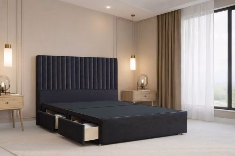 Chester & Oakley Lorenzo Plush Divan Bed Base with 4 Drawers and 54 inch Headboard, Black Velvet, W/D/H: 120 x 200 cm