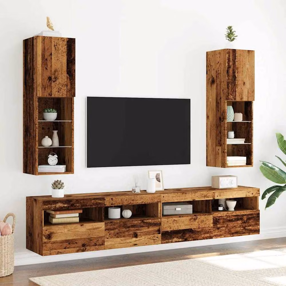 Berkfield Home Set of 2 Wall Mounted TV Cabinets with LED Lights in Brown Old Wood, W/D/H: 30.5 x 30 x 102 cm – 3