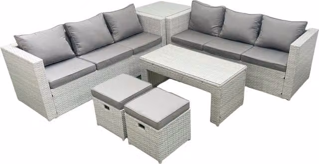 Fimous 8 Seater Rattan Garden Furniture Set in Light Grey with Upholstered Cushions, Oblong Coffee Table and Ottomans