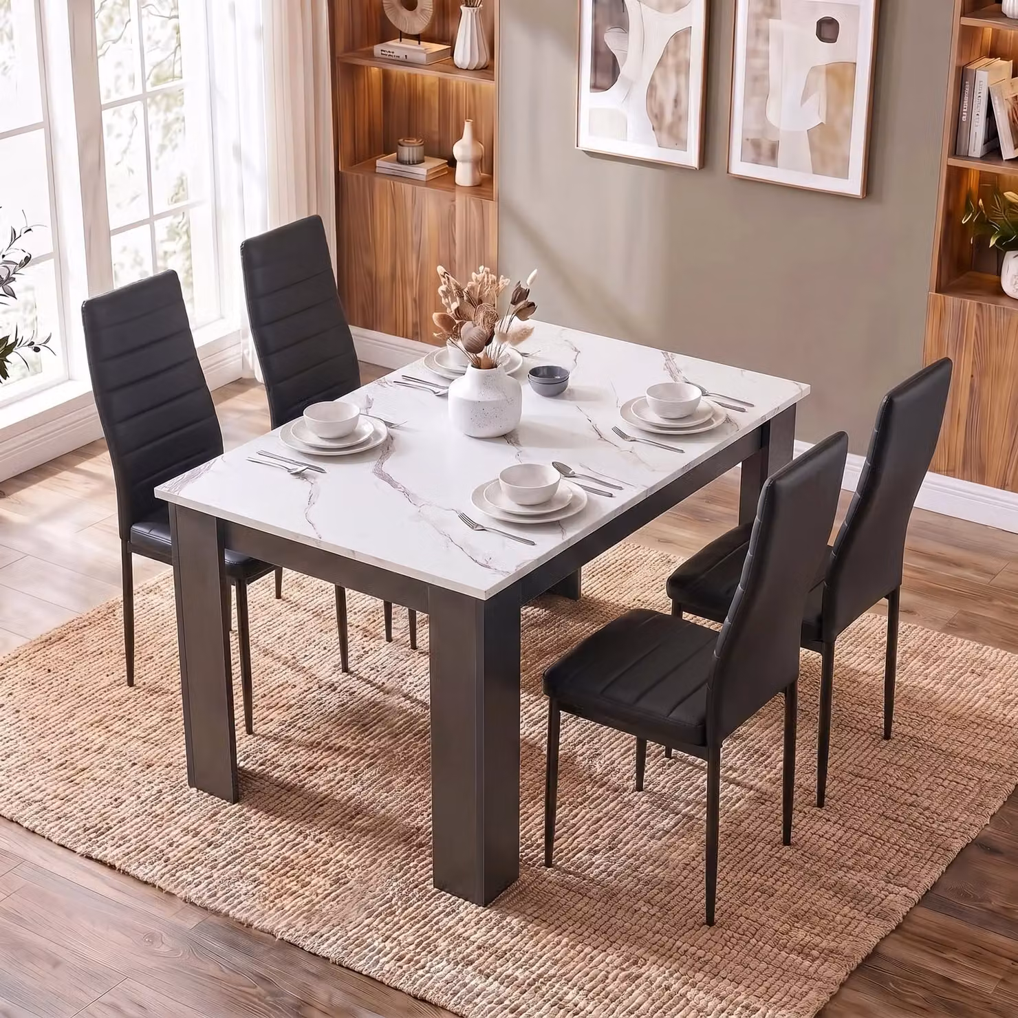 DHS Modern 4 to 6 Seater Dining Table and Chairs Set with White Marble Effect Rectangular Table and Black Upholstered Chairs