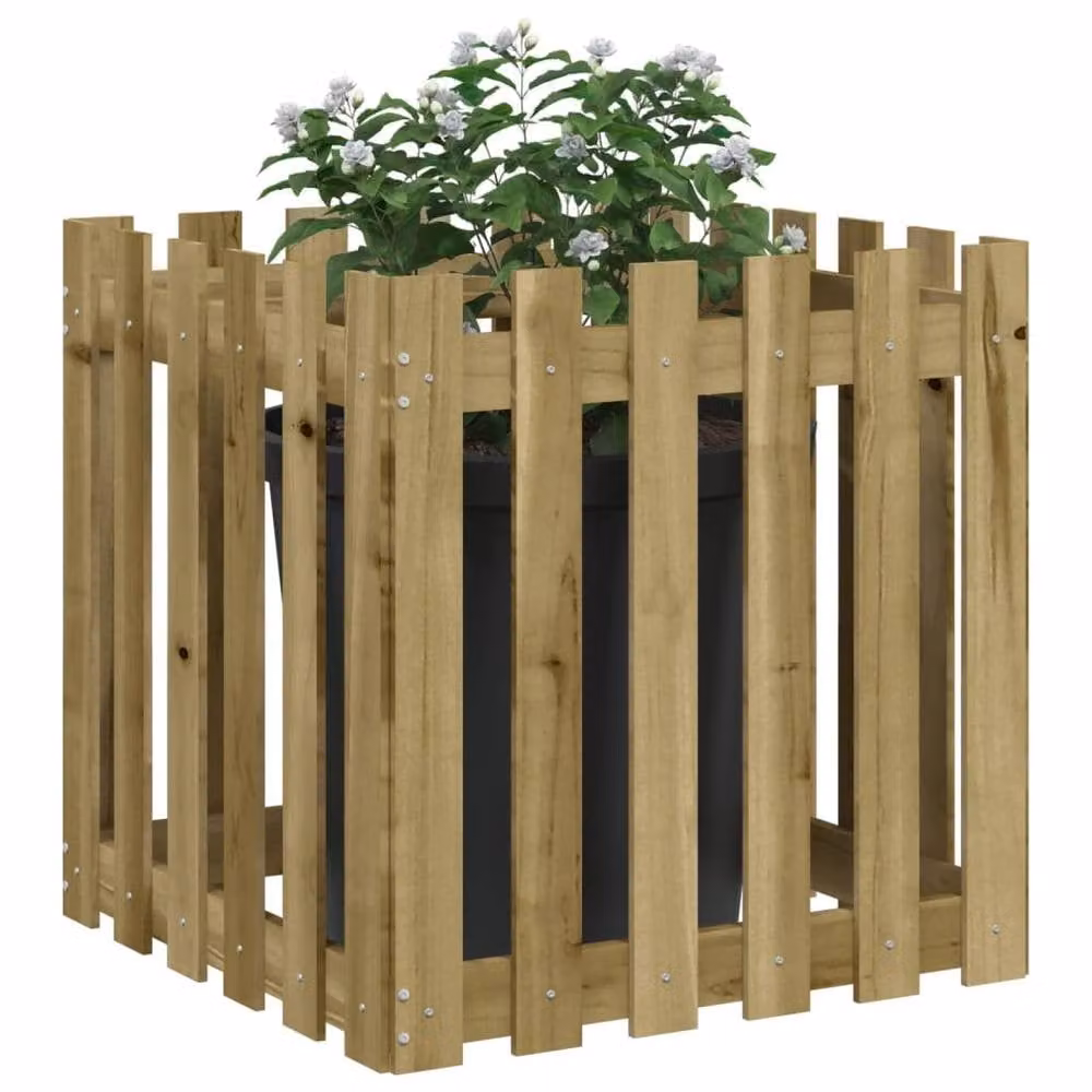 Berkfield Home Garden Planter with Fence Design in Brown, Impregnated Pine Wood, W/D/H: 60 x 60 x 60 cm – 3