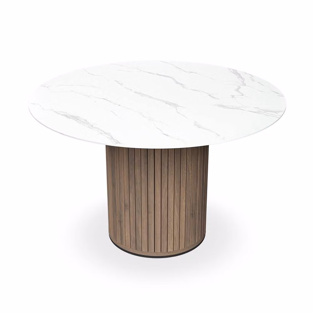 More4Homes Arlo White Marble Top Round Dining Table with Walnut Legs and 4 Nova Mustard Velvet Dining Chairs, W/D/H: 120 x 120 x 75 cm – 2