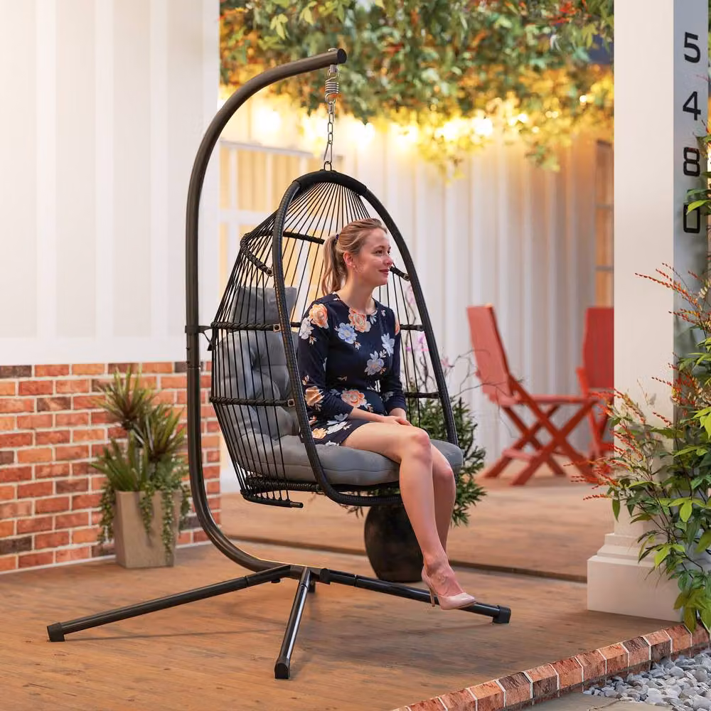 ERGOVEXA Rattan Hanging Egg Chair with Stand in Dark Grey – 4