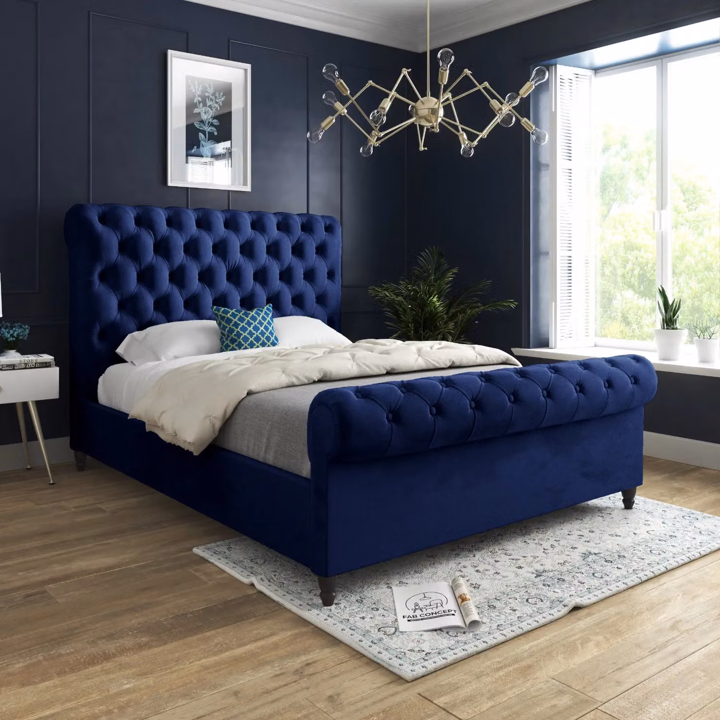 Casani Classic Upholstered Velvet Bed Frame in Blue, W/D/H: 120 x 200 x 83 cm – 2