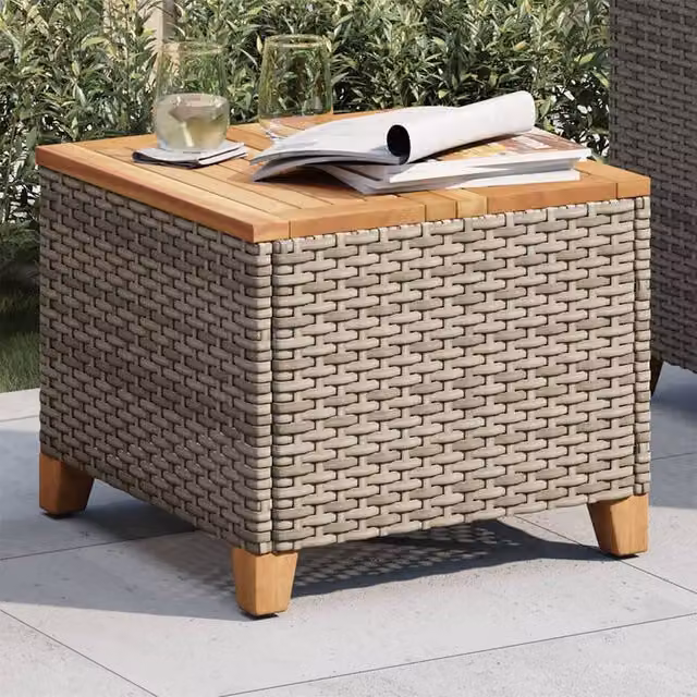 Berkfield Home Grey Poly Rattan Square Garden Table with Acacia Wood W/D/H: 45 x 45 x 37 cm