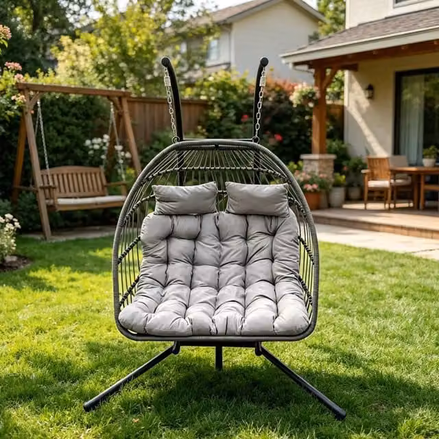 Fimous Rattan Double Hanging Egg Chair for Garden in Grey