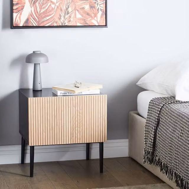 Wyld and Coco Bedside Table in Black MDF with Ribbed Natural Ash Front and 1 Drawer, W/D/H: 40 x 40 x 50 cm