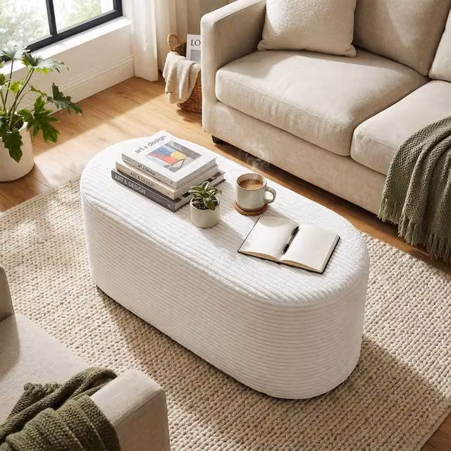 Costway Modern Oval Upholstered Ottoman Bench in White