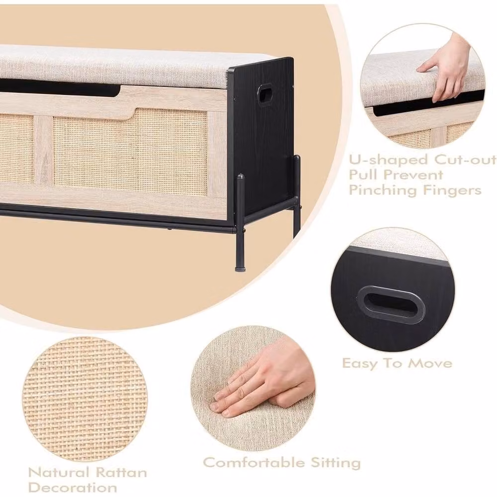 VOGREX Black Rattan Storage Bench with 2 Safety Hinges and Flip-Top Shoe Trunk – 3