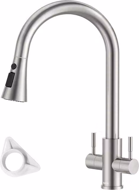 Dayone Dual Lever Kitchen Tap with 360 Degree Swivel Spout and Pull Out Spray in Brushed Silver Stainless Steel – 1