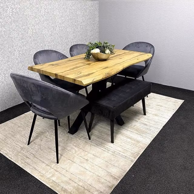 Kosy Koala Modern Rectangular Dining Set with Grey Velvet Chairs and Wooden Benches