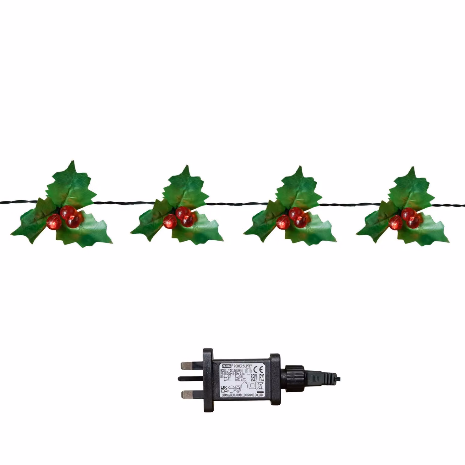 Samuel Alexander Christmas Holly Garland with Red Berries and 40 Red LEDs, Green and Red, 2.8m – 2