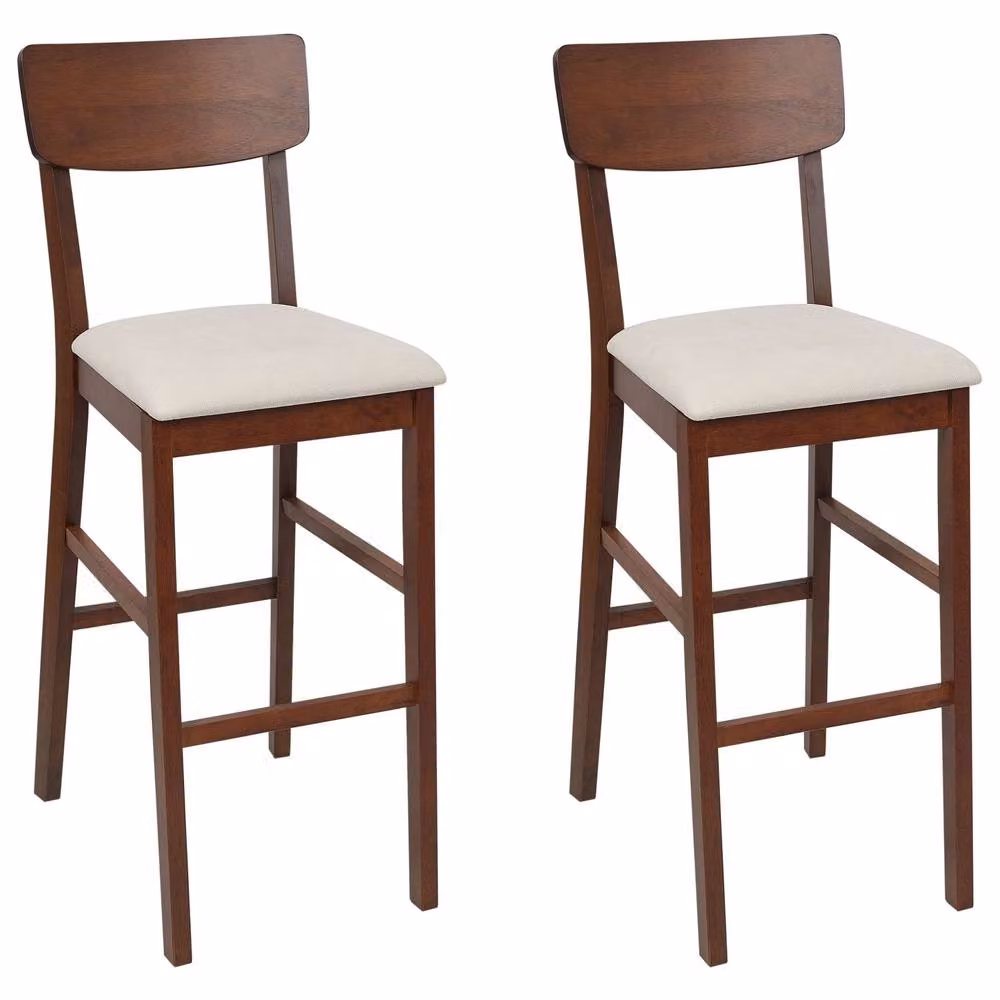 Wyld and Coco Set of 2 Rubberwood Bar Chairs with Brown Fabric Upholstery in Light Beige – 2