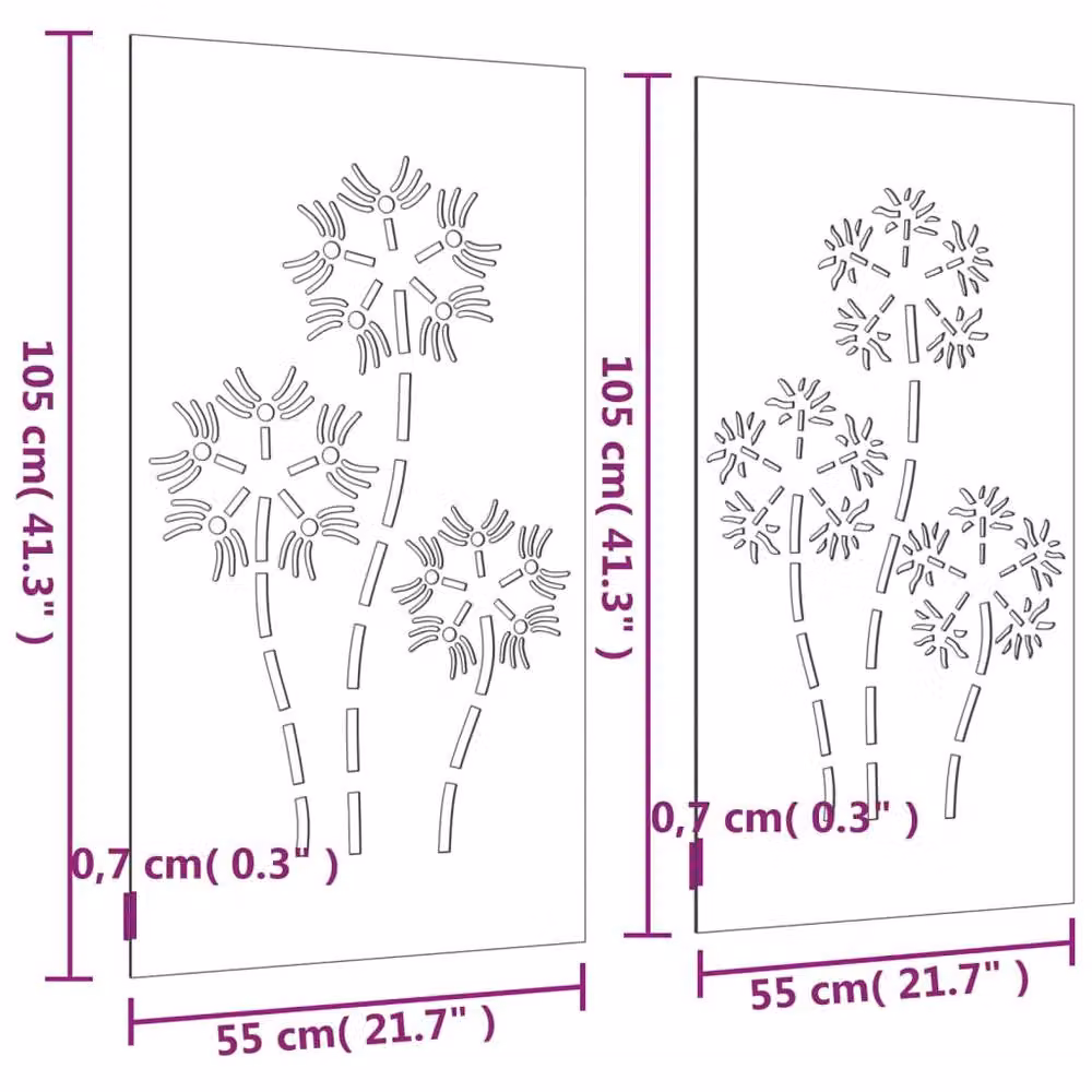 Berkfield Home Garden Floral Corten Steel Wall Decorations, 2 Pieces, Brown, H 105 cm x W 55 cm – 3