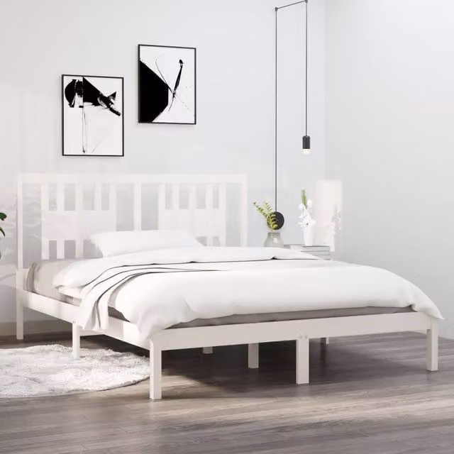Berkfield Home White Solid Wood Pine Bed Frame W: 140 cm, L: 200 cm