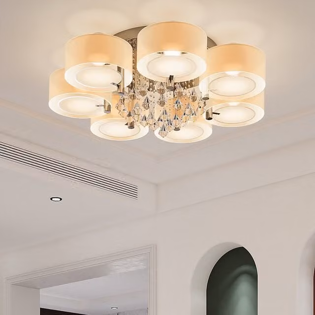 Komore Round LED Semi Ceiling Light with Crystal Accents in White and Silver, Diameter: 38 cm