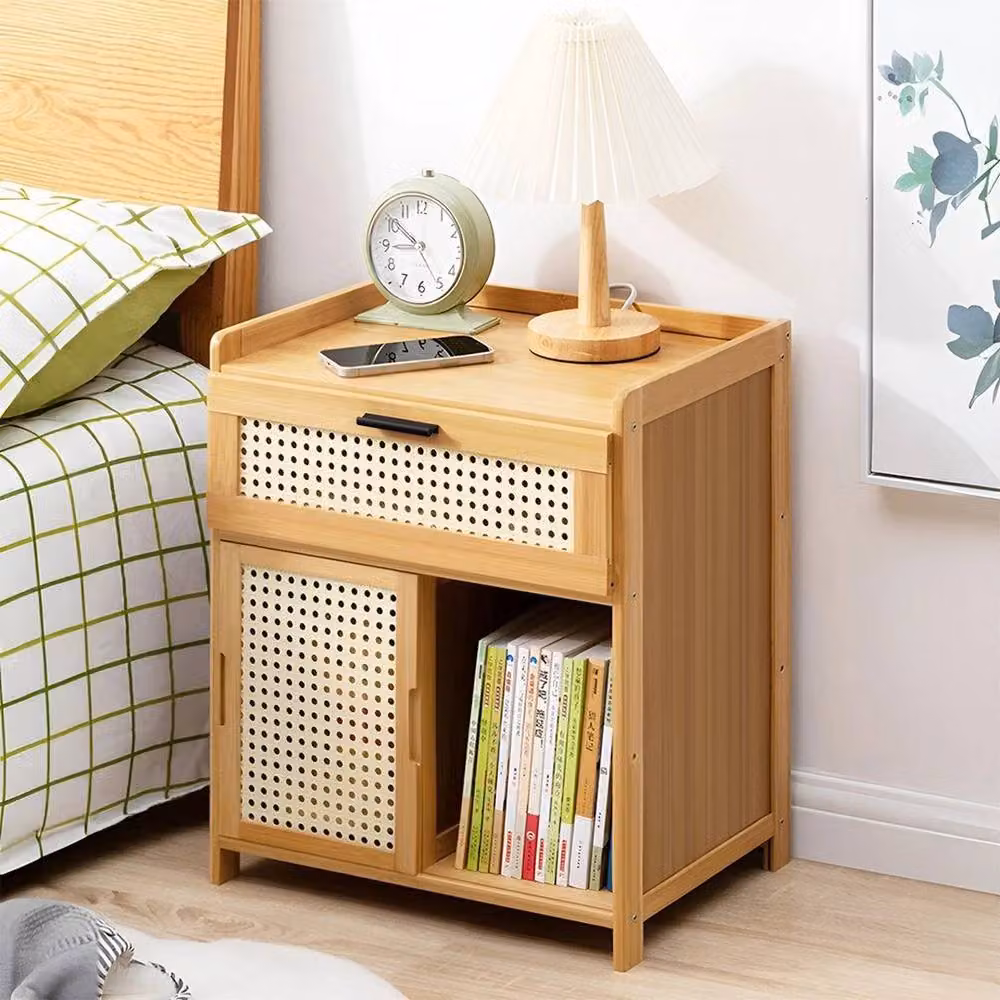 KORVIXA Rattan Bedside Table and Nightstand Storage Cabinet in Sand, Brown and Beige, W/D/H: 100 x 100 x 100 cm – 3