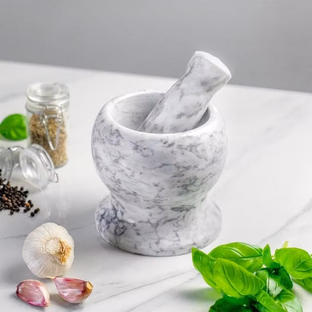Argon Tableware Grey Marble Round Mortar and Pestle Set, Diameter: 13 cm